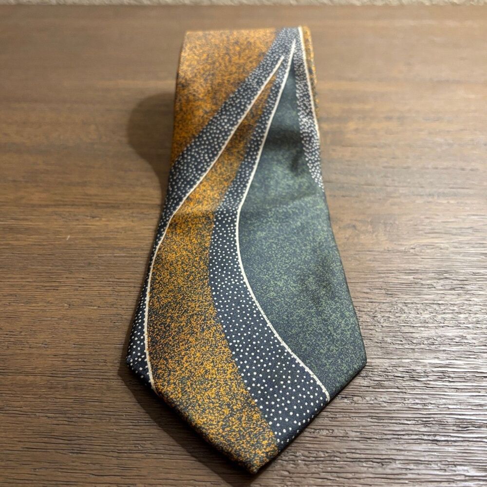 Pierre Balmain Paris Vintage Italian Silk Abstract Gold Brown Navy Luxury Tie